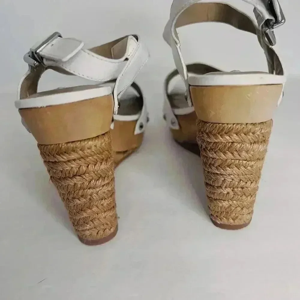 Via Spiga White Leather Wedges Woven Sandal Heels Women's Size 8